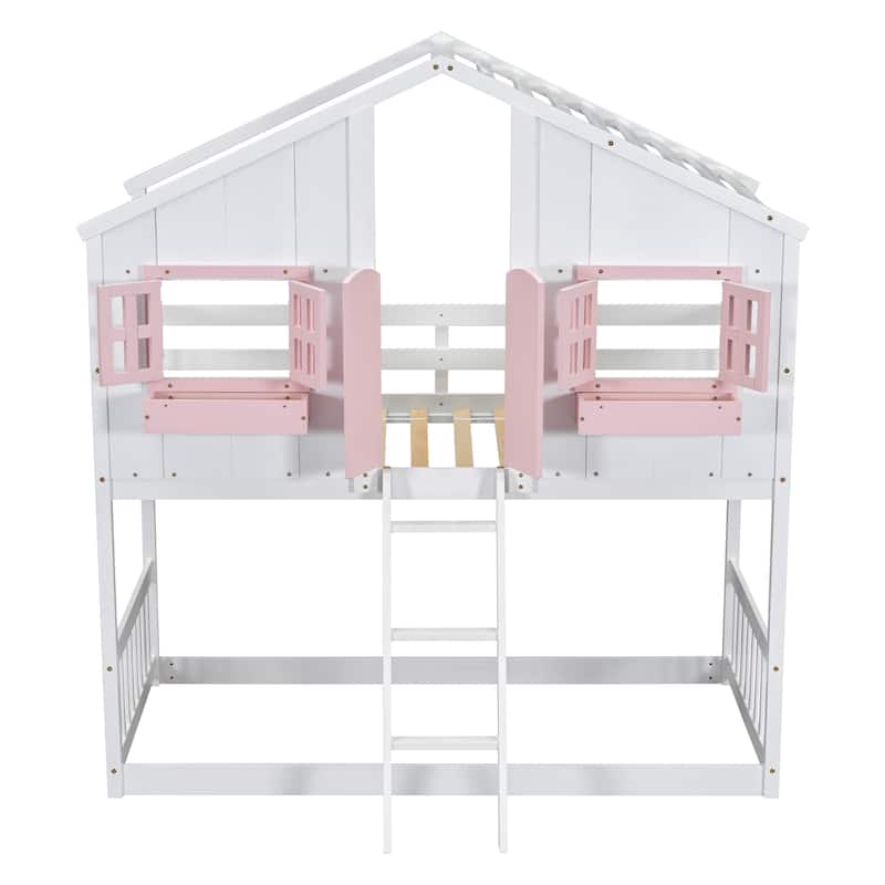 Twin Pine House Bunk Bed with Roof and Ladder