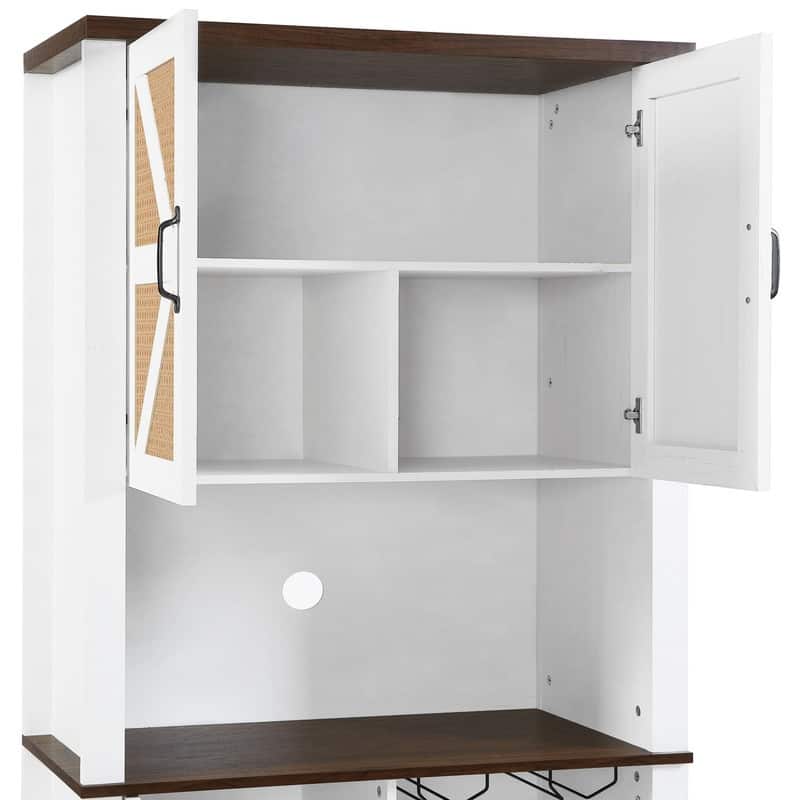 76-Inch Tall Faux Rattan Wine Cabinet with Square Compartments and Microwave Shelves