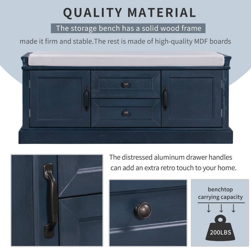 Storage Bench with 2 Drawers, 2 Cabinets and Removable Cushion - 42.5"L x 15.9"W x 17.5"H