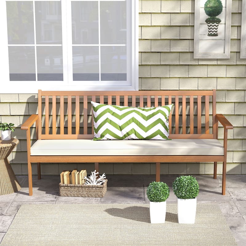 3-Seater Solid Acacia Wood Outdoor Bench with Off-White Cushion and Inclined Backrest - 64"L x 24"W x 31"H - Off-White-Natural