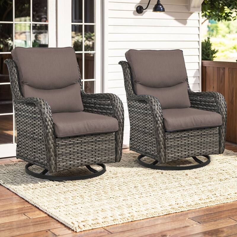 Pocassy Outdoor Swivel Chairs Patio Furniture Set - Grey Rattan - Grey Cushion - 2PCS Swivel Chairs
