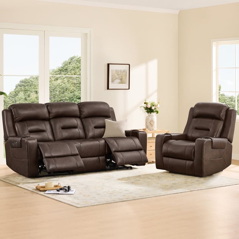 Spruce & Spring Genuine Leather Power Reclining Sofa with Wireless Charging