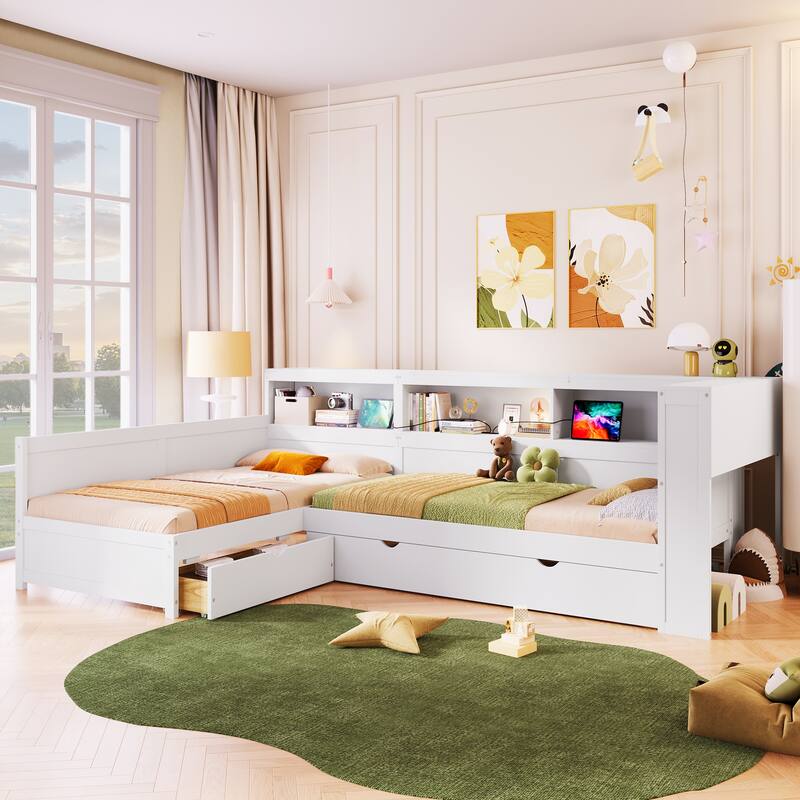 Roomfitters Wood Twin L-Shaped Platform Bed with Pull-Out Trundle and Storage Drawer, Space-Saving Corner Frame