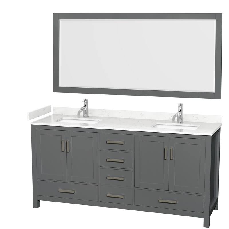 Sheffield Double Bathroom Vanity Set, Cultured Top, 70-Inch Mirror - 72-Inch Double - Dark Gray, Carrara Cultured Marble Top,Chrome Trim