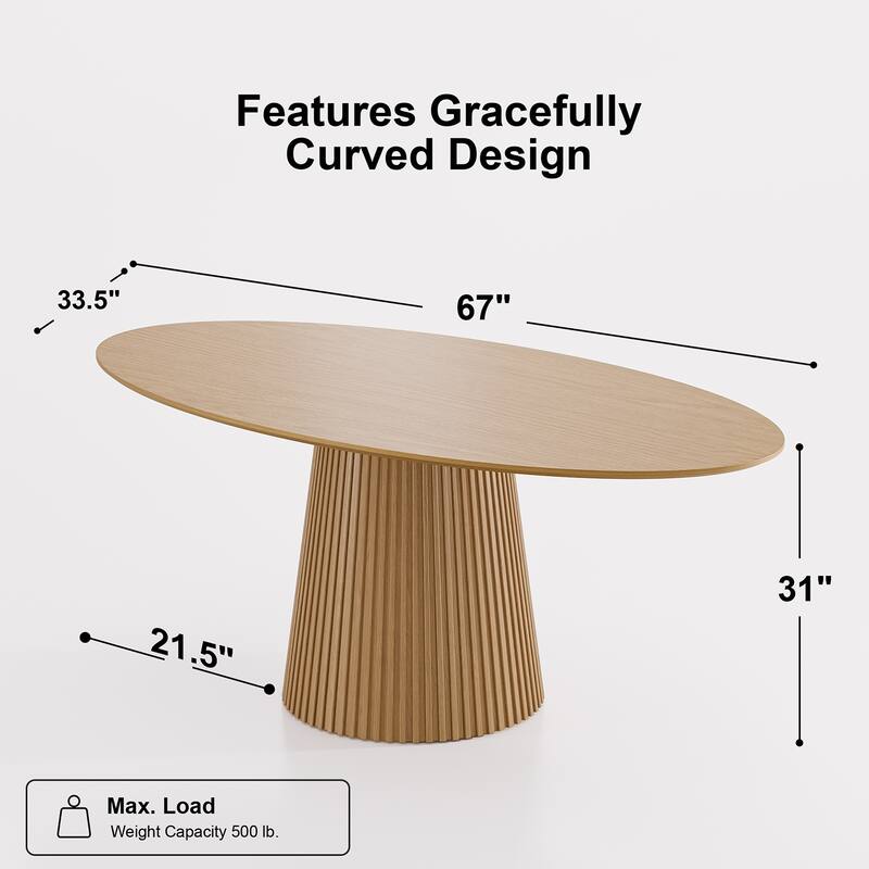 Modern Oval Wooden Dining Table - 79" Large Size, Sturdy Fluted Base, Natural Oak Finish for Dining Room