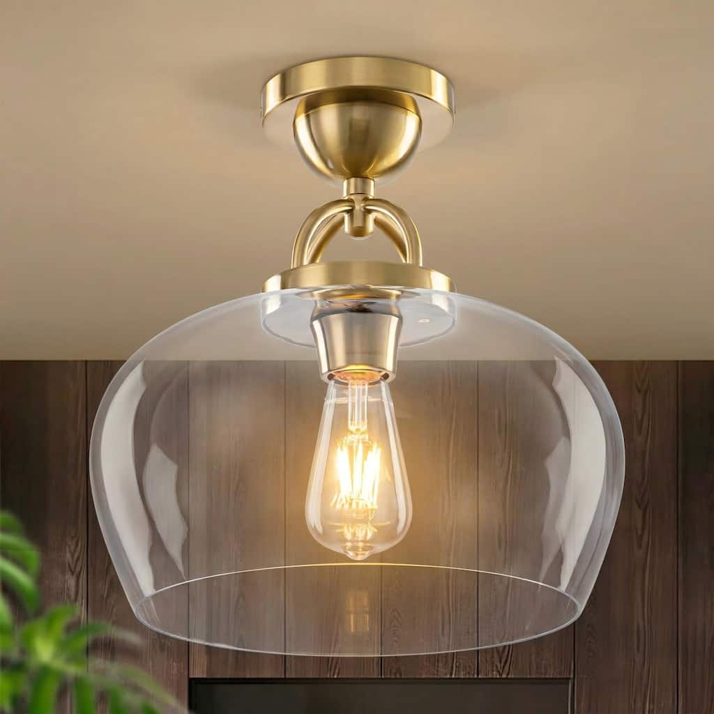 1-Light Modern Metal & Glass Flush Mount with Transparent Open Flat-Ball Shade for Bedroom - 11.8 in. W x 13 in. H