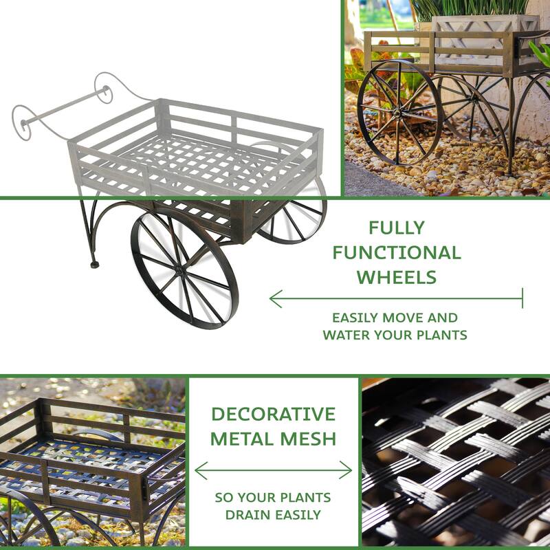 Zeckos 26 Inch Brown Metal Wagon Cart Plant Stand Indoor/ Outdoor - 14.75 X 25.5 X 14.25 inches