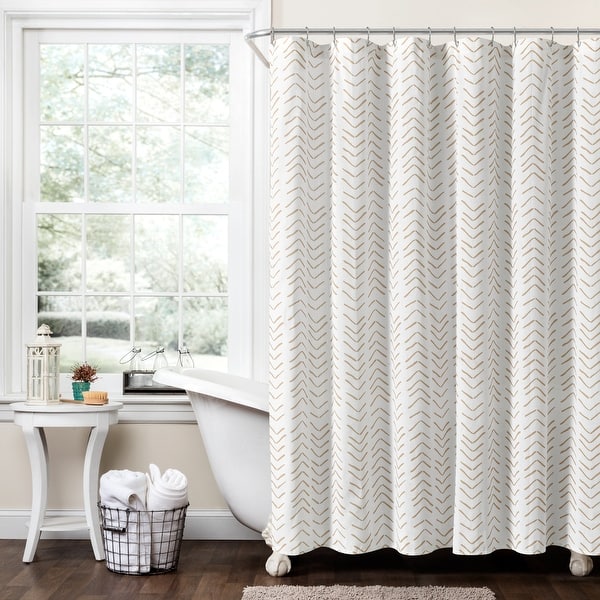 slide 2 of 18, Lush Decor Hygge Modern Arrow Linen Look Shower Curtain Single Wheat/White - 72" X 72"