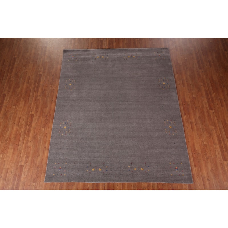 Tribal Gabbeh Area Rug Handmade Grey Wool Carpet - 8'2"x 9'11"