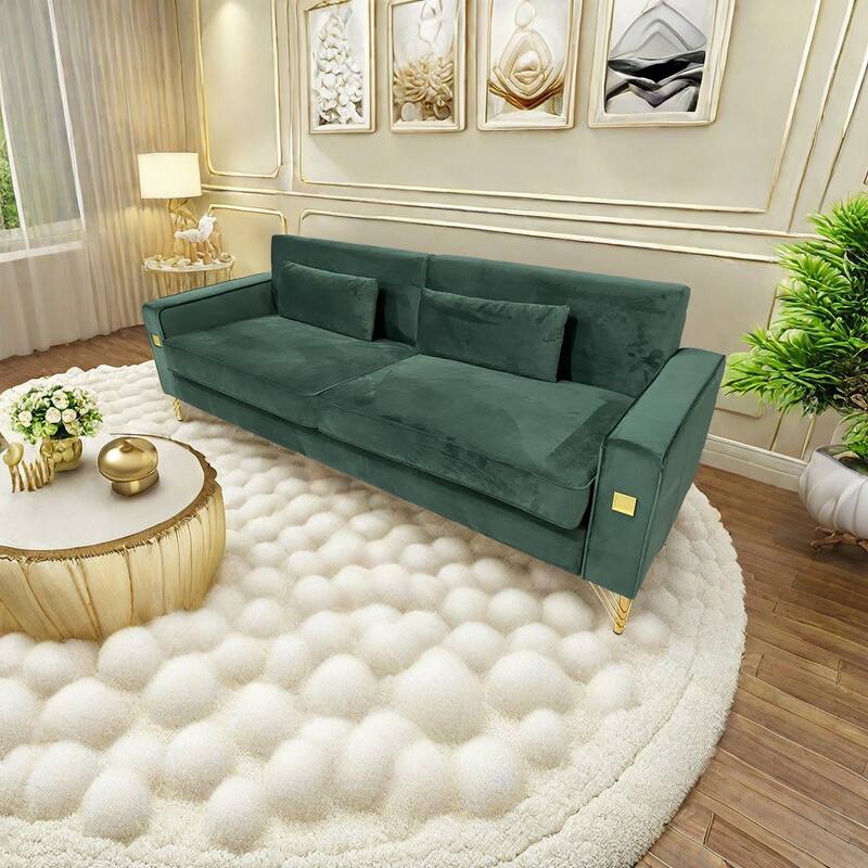 Retro Green Modern 85.63" Velvet 3-seater Sofa with Gold Accents and Plush Cushions for Living Room