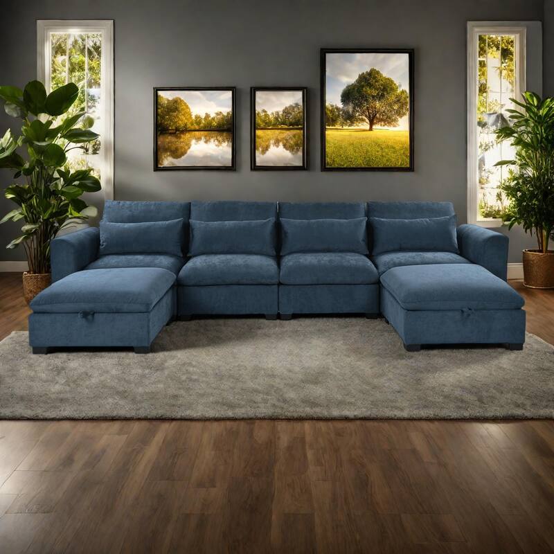 132.3" Linen Blend U-Shaped Modular Sectional Sofa with 2 Ottomans, Transformable Design and Hidden Storage - Blue