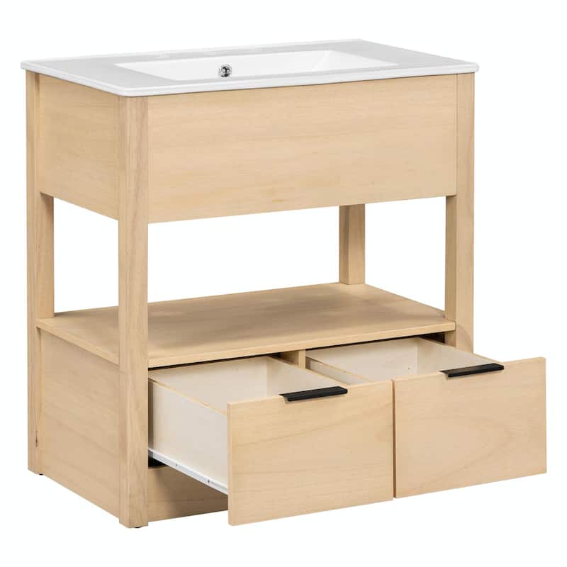 30" Bathroom Vanity with Sink Top, Open Storage Shelf, Two Drawers