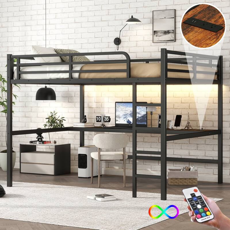 Queen Size Metal Loft Bed with Power Outlet, LED Lighting and Built-In Desk, Space-Saving Noise Reduced Design - Black