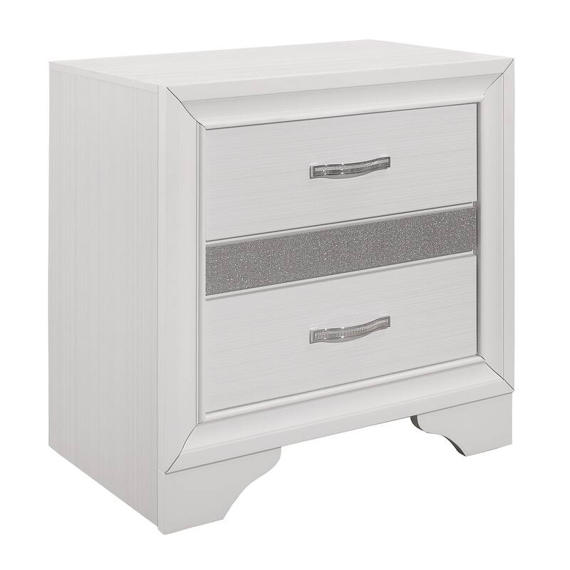 Glamorous Nightstand with Hidden Jewelry Drawer, White Finish, Silver Glitter