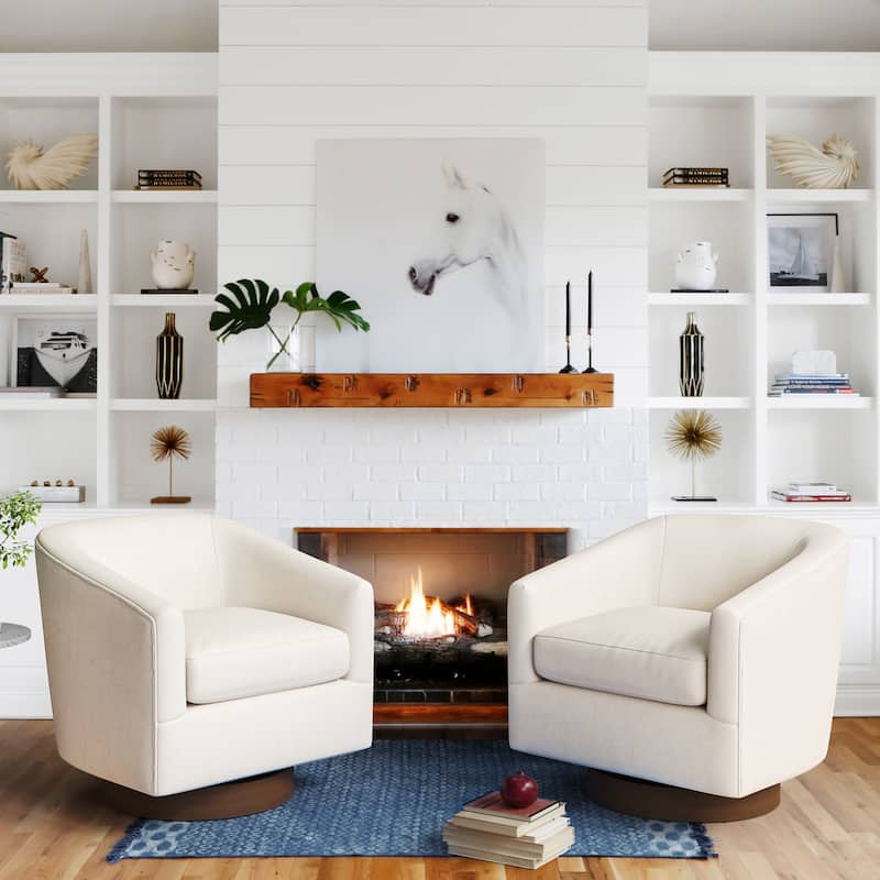 Modern Upholstered Swivel Barrel Accent Chair with Solid Wood Base, Arm Chair for Living Room - Ivory-Set of 2