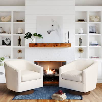 Modern Upholstered Swivel Barrel Accent Chair with Solid Wood Base, Arm Chair for Living Room