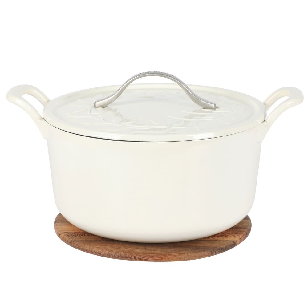 Bloomhouse 7 Qt Cast Iron Dutch Oven W/ Embossed Lid, European Glossy Enamel, & Walnut Wood Trivet