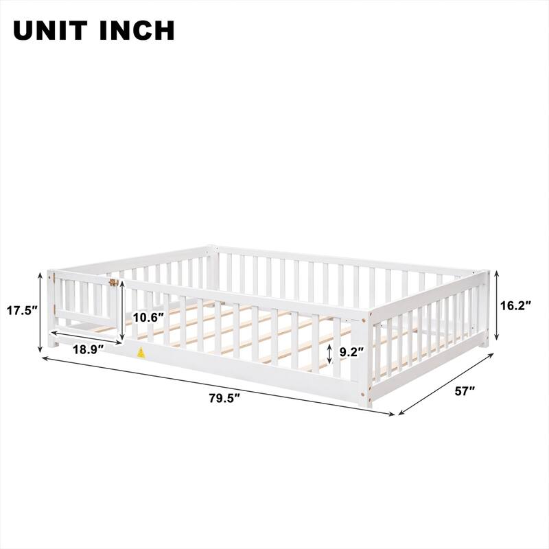 Floor Platform Bed with Fence Guardrails and Door