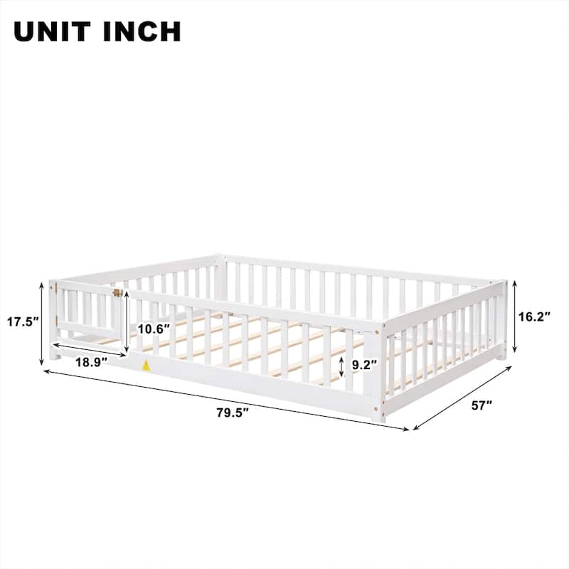 Full size Floor Platform Bed with Fence and Door for kids