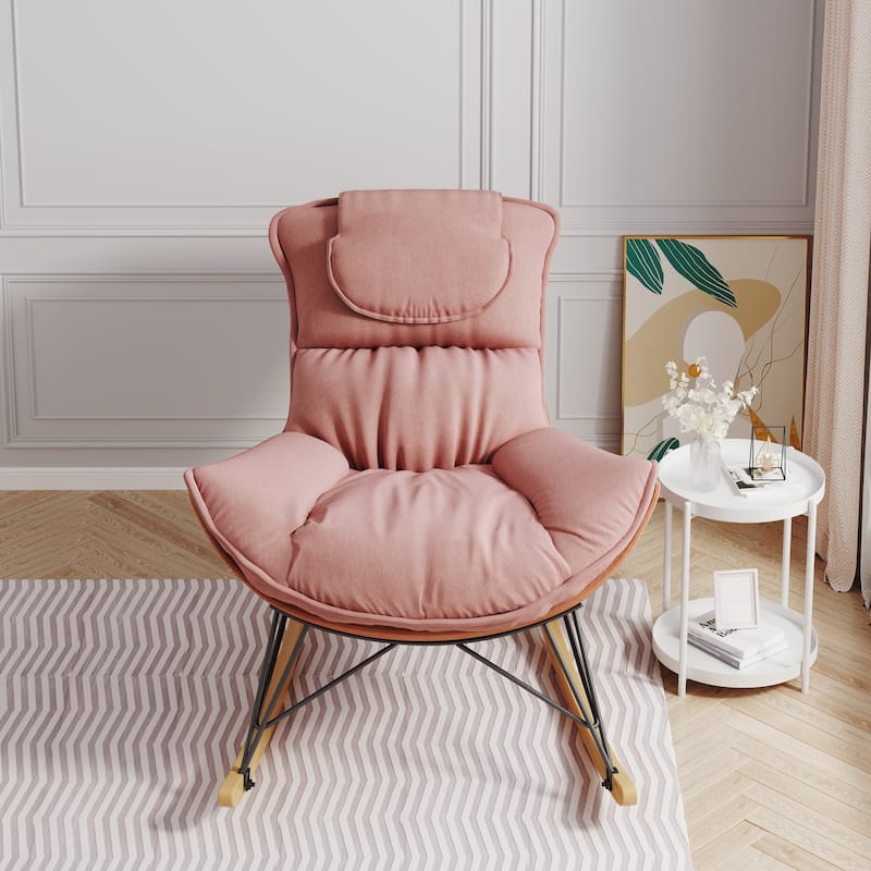 Pink Modern 43.3" Velvet High Back Rocking Chair with Detachable Seat Cushion and Natural Wood Frame