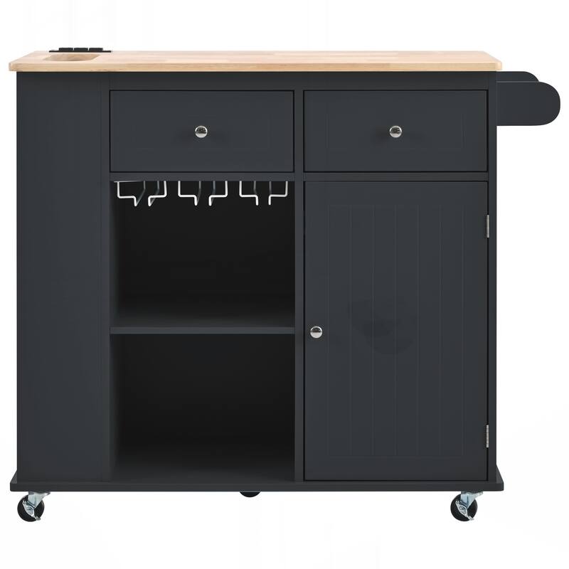 Kitchen Island with Power Outlet,Kitchen Storage Island with Drop Leaf and Rubber Wood,Open Storage and Wine Rack