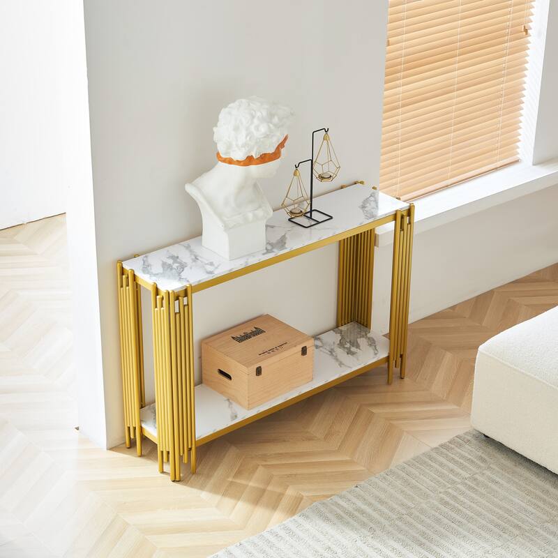 2 Tier Faux Marbling Console Table,Sofa Table,Narrow Entryway Table,Hallway Entrance Table,Adjustable Feet - Gold