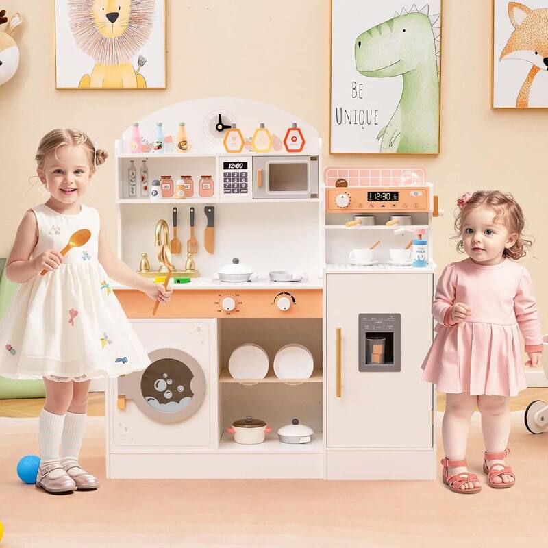 Pretend Kids Kitchen Playset Wood Toy Kitchen w/Sound for Aged 3+