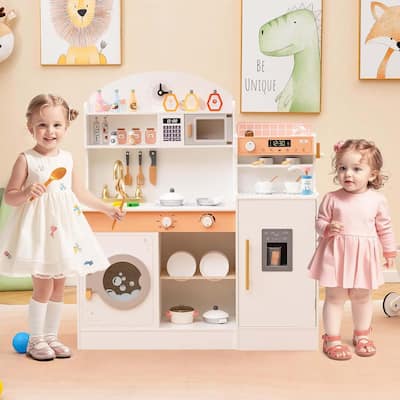 Pretend Kids Kitchen Playset Wood Toy Kitchen w/Sound for Aged 3+