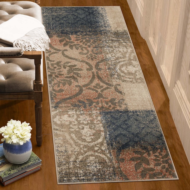 Superior Bristol Distressed Abstract Damask Indoor Runner or Area Rug - 2' 7" x 8' - Midnight Navy/Salmon