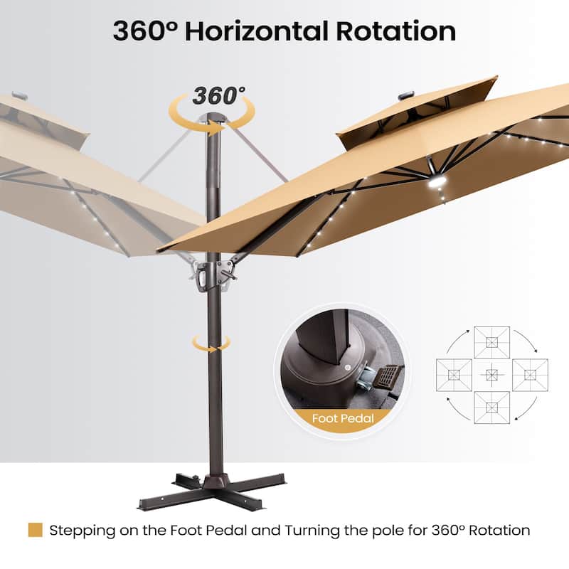 9 x11 FT Cantilever Patio Umbrella with Weighted Base, Double Canopy & LED Lights