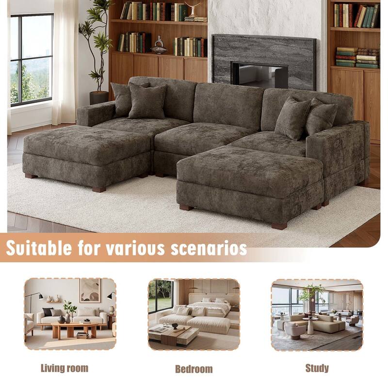 Oversized Chenille Modular Sectional Sofa Conversation Set with 2 Ottomans