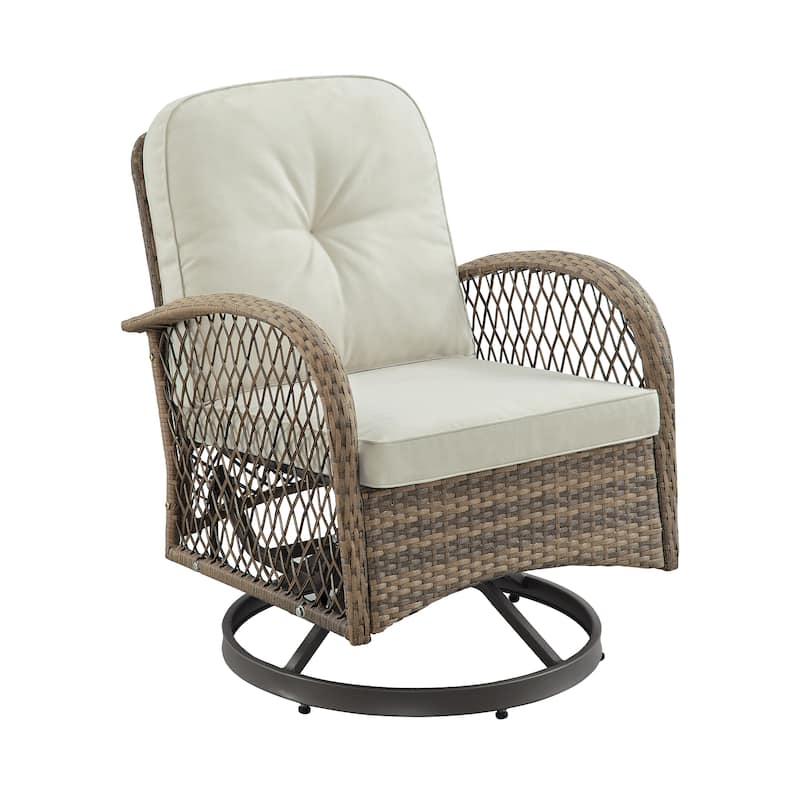 Corvus Helicon 3-Piece Outdoor Wicker Swivel Chat Set with Cushions and Glass Side Table