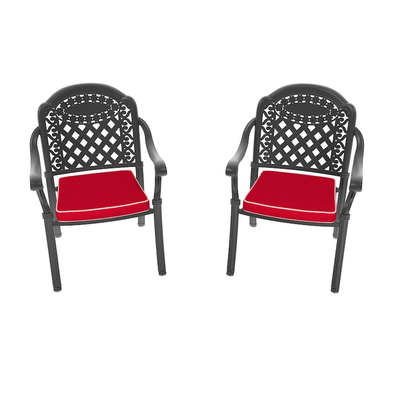 Black Stackable Cast Aluminum Patio Outdoor Dining Chairs With Seat Cushions - Black(Set of 2)
