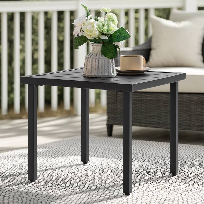 Metal Outdoor Side Table with Slatted Tabletop, Powder-Coated Frame