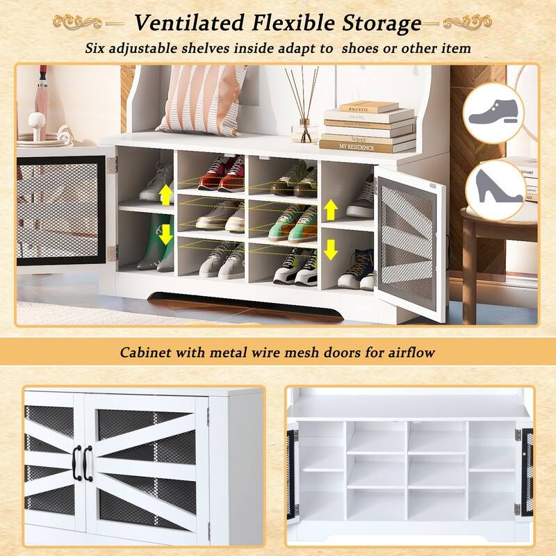 Wide Hall Tree with 10 Shoe Cubbies & 7 Coat Hooks, 43" W Coat Rack with Entryway Bench, 3-in-1 Design and Adjustable Shelves