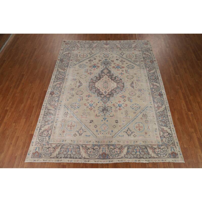 Geometric Tabriz Persian Rug Handmade Beige Wool Carpet - 8'2"x 10'9"