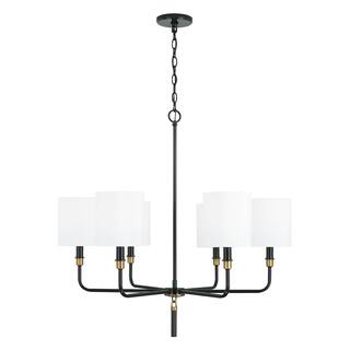 Beckham 32" 6-light Glossy Black/ Aged Brass Chandelier w/ White Fabric Drum Shades