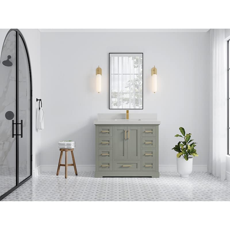 Willow Collection 42 in W x 22 in D x 36 in H Boston Single Bowl Sink Bathroom Vanity with Countertop - 2"Carrara Quartz - Evergreen