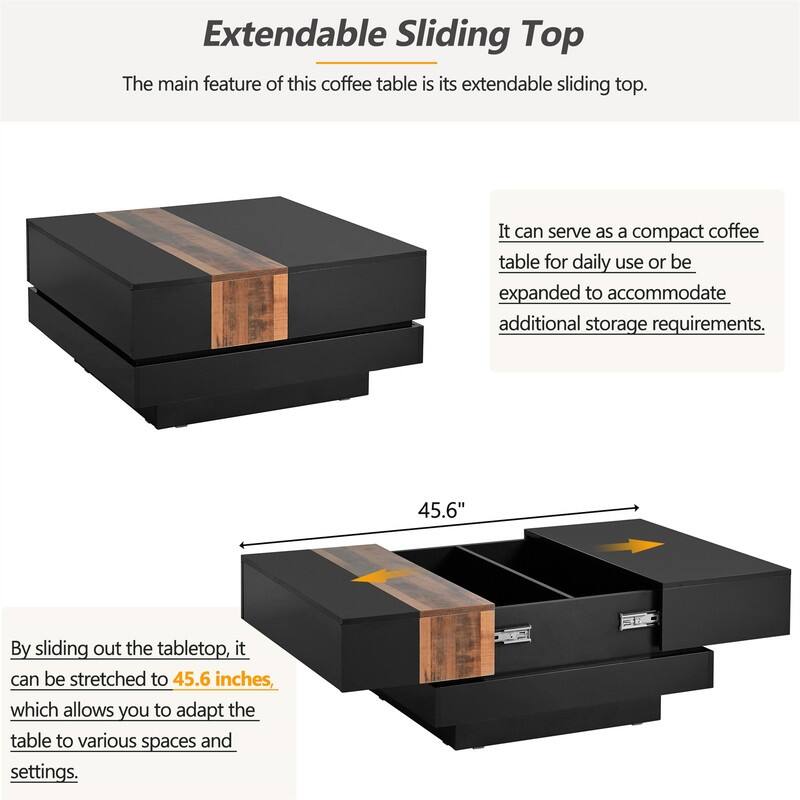 Modern Square Extendable Coffee Table with Sliding Tabletop, Two-tone Hight Gloss Center Table w/ 2 Hidden Storage Compartments