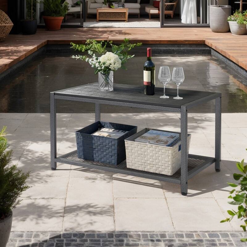 35 in Black Rectangular Metal Outdoor Coffee Table, 2-Tier Space-Saving Patio Table