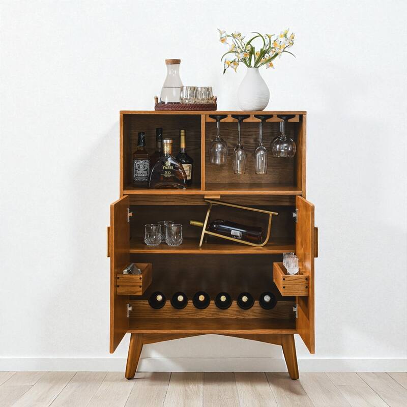 Rustic 31.5" Wine Cabinet with Wine Glass Holders, Wine Rack, and Adjustable Shelf for Coffee Bar, Kitchen Storage