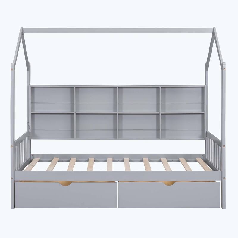 Comfortable Wooden House Bed with 2 Drawers,Kids Bed with Storage Shelf