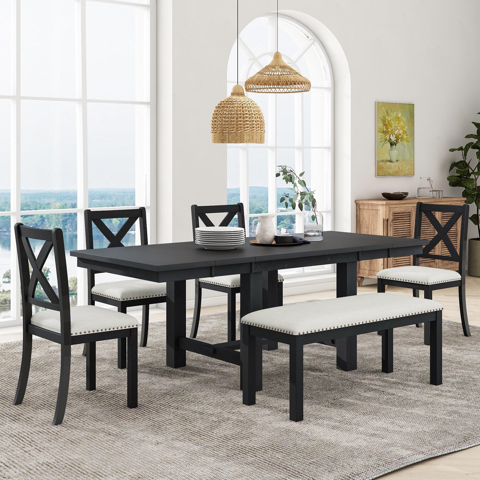 82 6 Piece Extendable Dining Table with Footrest 4 Upholstered Dining Chairs and Bench Black