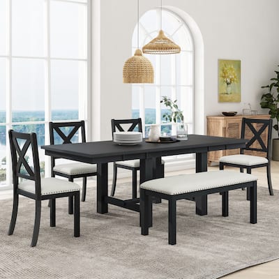 Farmhouse 82inch 6-Piece Extendable Dining Table with Footrest, 4 Upholstered Dining Chairs and Dining Bench