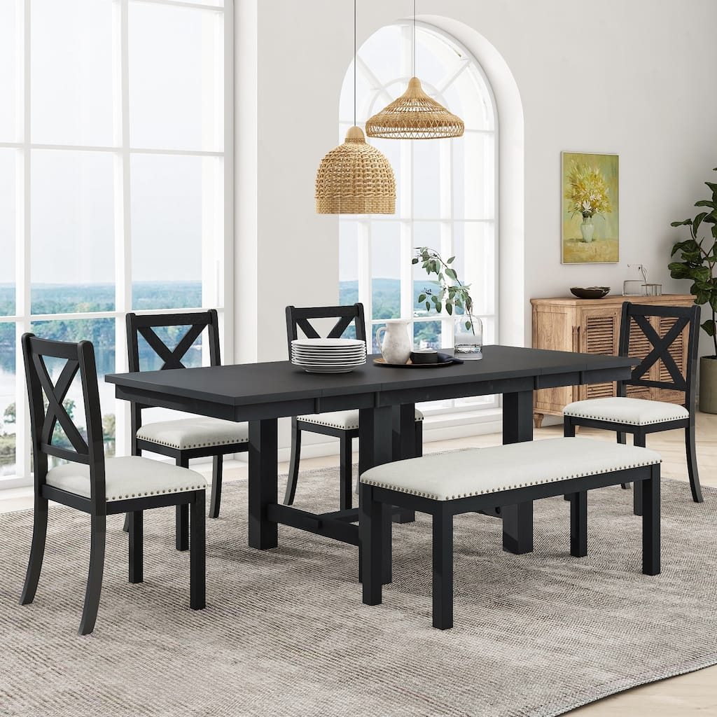 Roomfitters 82" Farmhouse Extendable 6-Piece Dining Table Set with Bench and 4 Upholstered Chairs, Two 11" Leaves