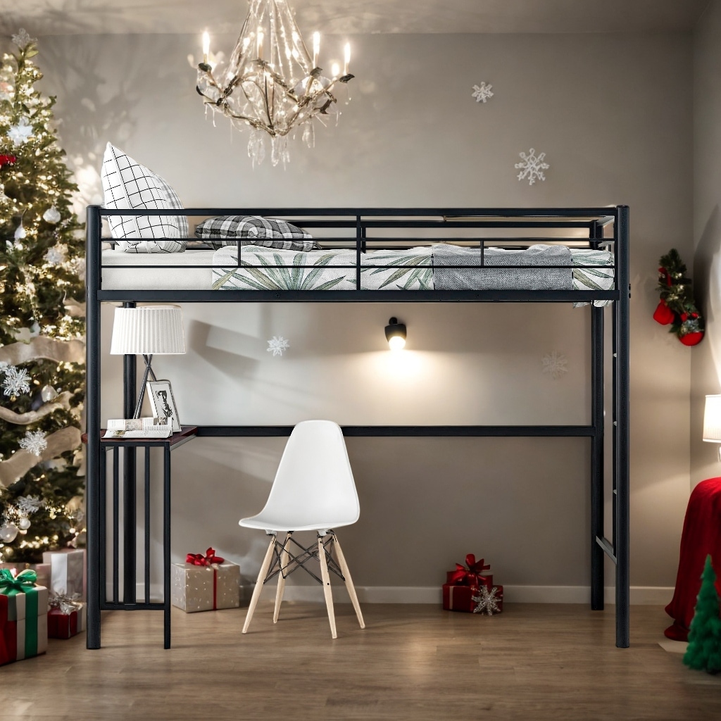 Modern Twin over Twin Metal Bunk Bed with Desk, Ladder and Guardrails For Bedroom,Dorm,Kids