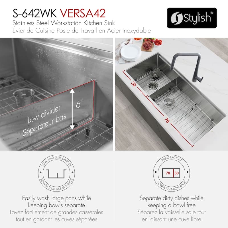 STYLISH 42 inches Workstation 70/30 Double Bowl Undermount 16 Gauge Stainless Steel Kitchen Sink with Accessories included