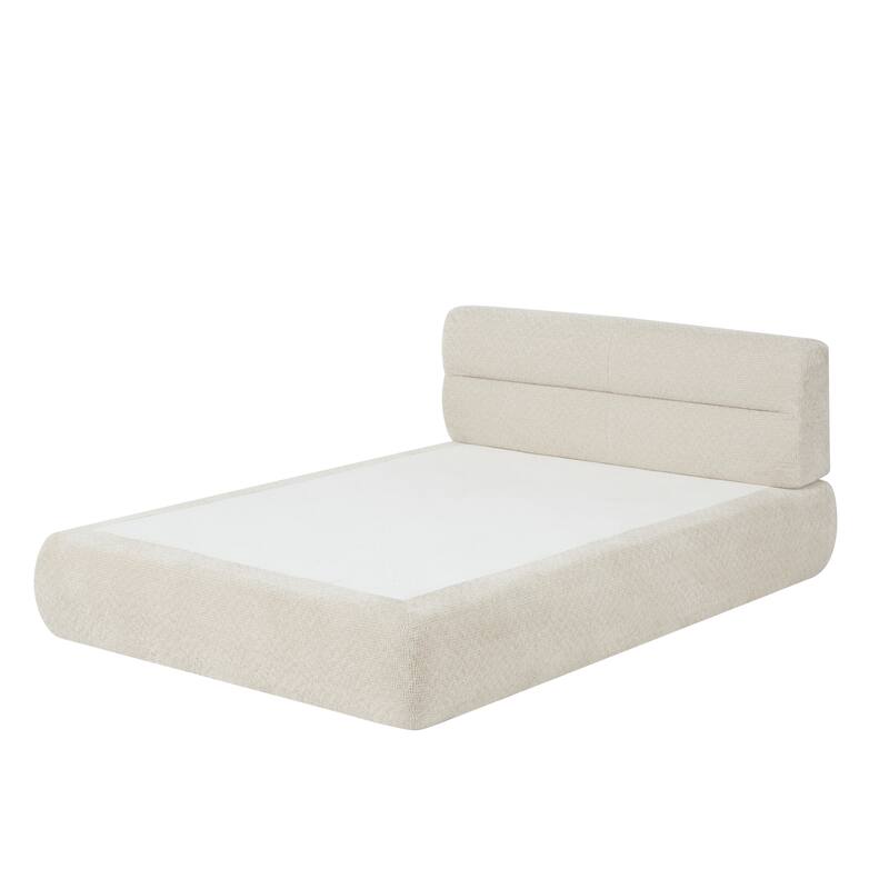 Roomfitters Modern Upholstered Platform Bed, Low Profile Chenille Bed Frame with Padded Headboard for Bedroom