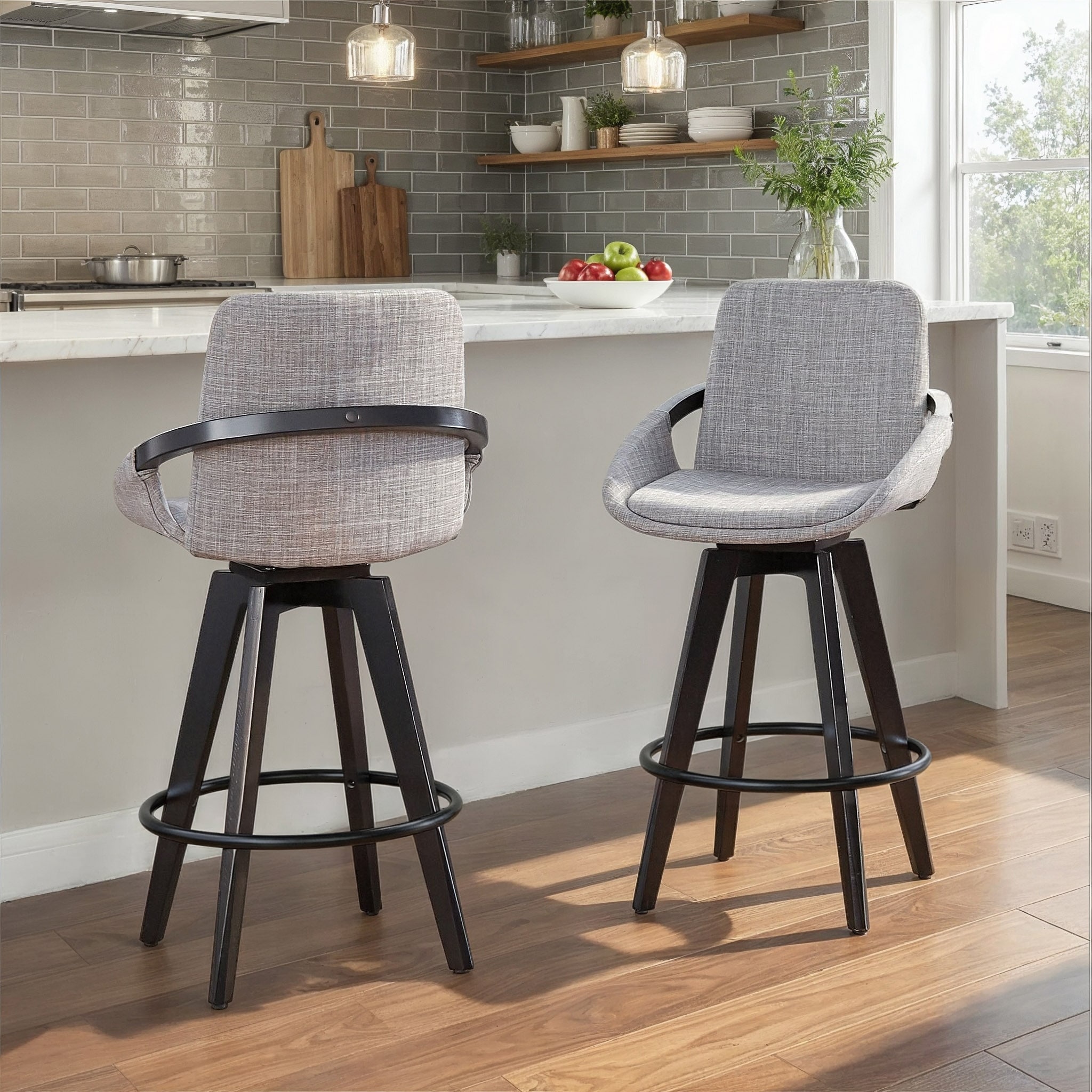 Porch & Den Pugo 26" Fixed-Height Upholstered Counter Stool with Black Wood Legs & Footrest (Set of 2)