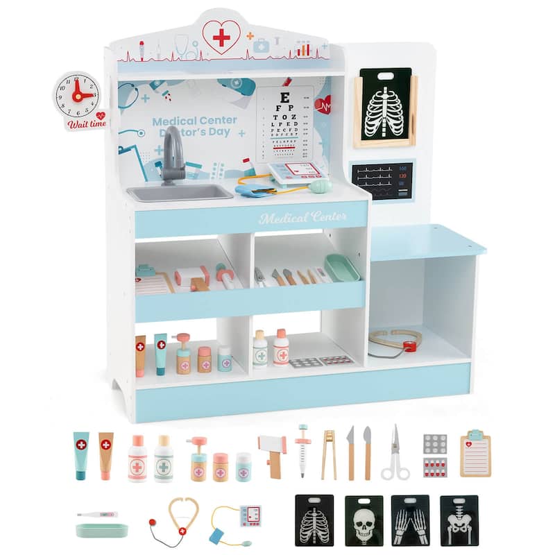 Honeyjoy Wooden Doctor Play Set with Clock Sink Eye Chart ECG Monitor - See Details